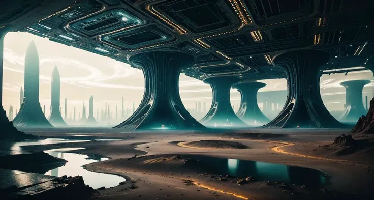 photograph of a alien world under the ground,A dramatic photograph of city under the ground,a futuristic city , (a futuristic city:1.4) below the ground of north pole, a underground city, (modern alien buildings:1.4).The atmospheric lighting and sense of m...