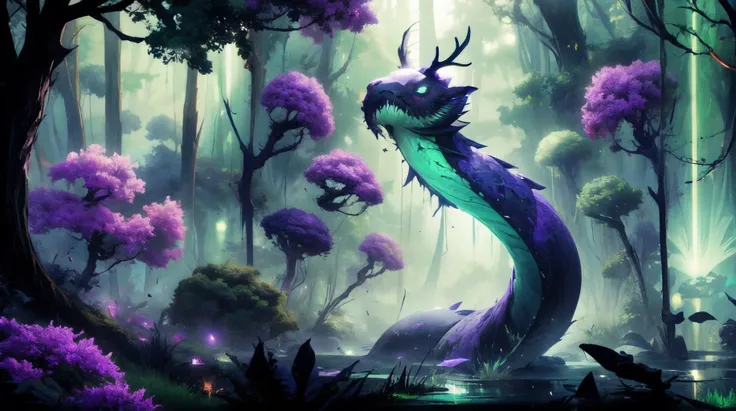 a close up of a dragon in a forest with trees