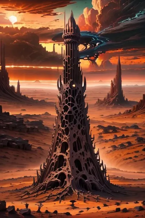 a painting of a tower in the desert with a sky background