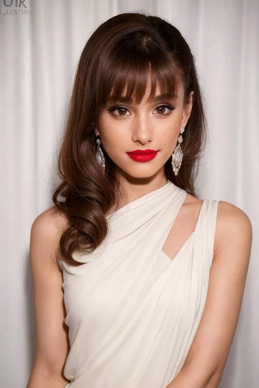 sks woman (bangs and red lipstick), (smiling:1.1), freckles, blushing, pale skin, silver earrings, (waist shot) <lora:locon_arianagrande_v1_from_v1_64_32:1.3>, full sharp, detailed face, looking at viewer, eye contact, (8k, RAW photo, best quality, masterp...