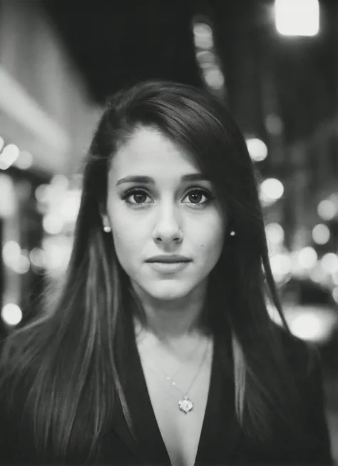 candid RAW close up portrait photo of sks woman in a (purple colored suit:1.0) on a dark street with shopping windows (at night:1.2), bokeh, Ilford Delta 3200 film, dof, high definition, detailed, intricate, flashlight, <lora:locon_arianagrande_v1_from_v1_...