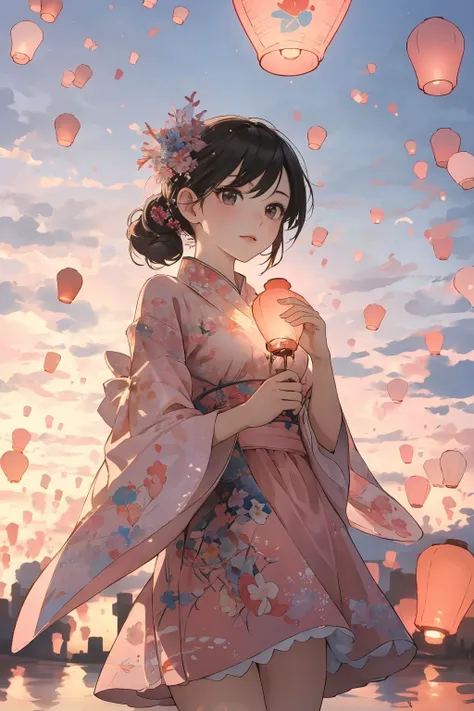 a woman in a kimono dress holding a lantern in front of a sky filled with balloons