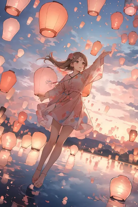 anime girl flying with lanterns in the sky