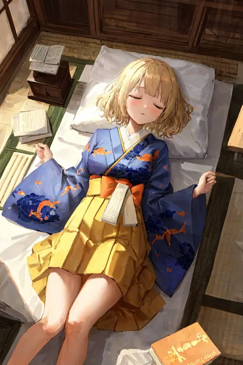 ((masterpiece,best quality)),1girl, solo, amelia_kimono, blue kimono, yellow hakama, fish print,sleeping on bed, 
an illustration, Tranquil Japanese room, soft quilts, tatami mats, stacks of books, lamps,<lora:ameliaWatsonHololive_v2AllOutfits:1>