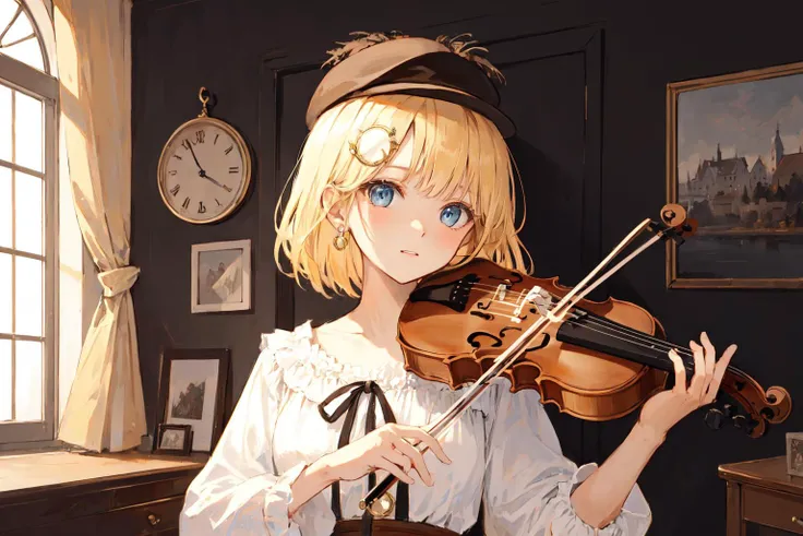 (ultra-detailed),masterpiece,amelia watson,blonde hair, instrument, violin, solo, hat, blue eyes, hair ornament, monocle hair ornament, playing instrument, music, window, bob cut, bow (music), deerstalker, short hair, holding