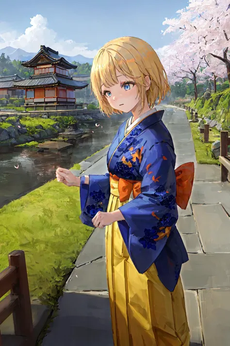 ((masterpiece,best quality)),1girl, solo, amelia_kimono, blue kimono, yellow hakama, fish print,
Japan, flower paths, gardens, cherry blossoms, chrysanthemums, vases, moss, grass, flowers, Japanese architecture, mossy stones<lora:ameliaWatsonHololive_v2All...