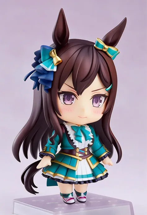 <lora:nendoroid_xl:0.9>, nendoroid, chibi, 1girl, mejiro dober (umamusume), umamusume, animal ears, horse ears, horse girl, long hair, purple eyes, blush, brown hair, hair ornament, tail, horse tail