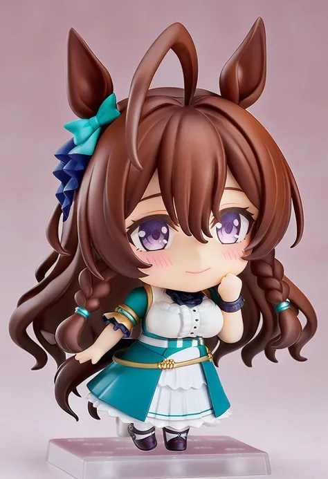 <lora:nendoroid_xl:0.9>, nendoroid, chibi, 1girl, mejiro bright (umamusume), umamusume, animal ears, horse ears, brown hair, ahoge, horse girl, long hair, braid, hair between eyes, breasts, blush