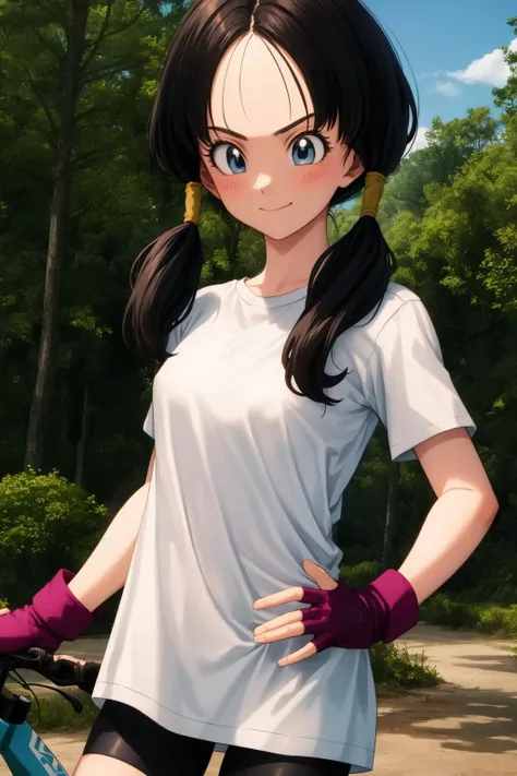 videl, 1girl, solo, blue eyes, black hair, twintails, long hair,
white shirt, white dress, short sleeves, black gloves, fingerless gloves, black shorts, bike shorts,
smile,closed mouth,cowboy shot, upper body, hands behind back,
forest,outdoor,
(insanely d...