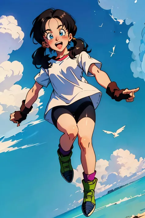 videl, long black hair, blue eyes, twintails, long white shirt, short sleeves, black fingerless gloves, black bike shorts, green shoes, looking at viewer, surprised, happy, blush, flying, in air, from_below, blue sky,  high quality, masterpiece,  <lora:DBZ...