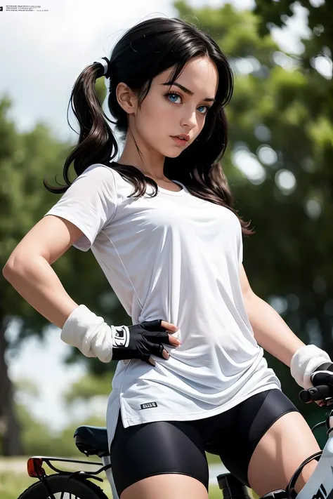 arafed woman in white shirt and black shorts sitting on a bike