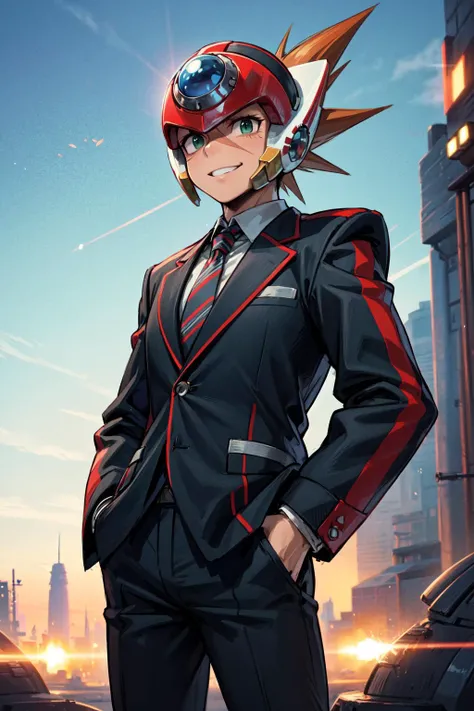 masterpiece,best quality,1boy,axl,brown hair,spiked hair,green eyes,helmet,(scar,scar on face,X-shaped scar:1.2),(business suit,necktie,black pants:1.2),standing,hands in pockets,confident smile,outdoors,(science fiction,scifi,sci-fi,futuristic:1.1),cowboy...