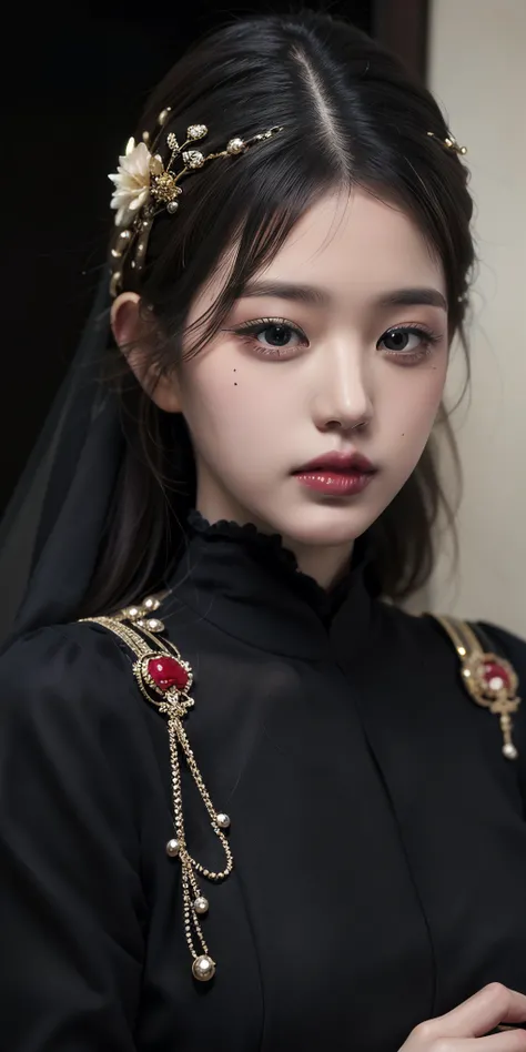 1girl, jewelry, all black outfit, (veil), hair ornament, formal dress, royalty, close up, in focus, at a funeral, (photorealistic:1.4), raw photo, best quality, masterpiece, ultra high res <lora:makina69_wonyoung_v2.1:1>