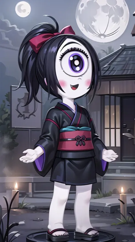 a cartoon girl in a kimono outfit standing in front of a house