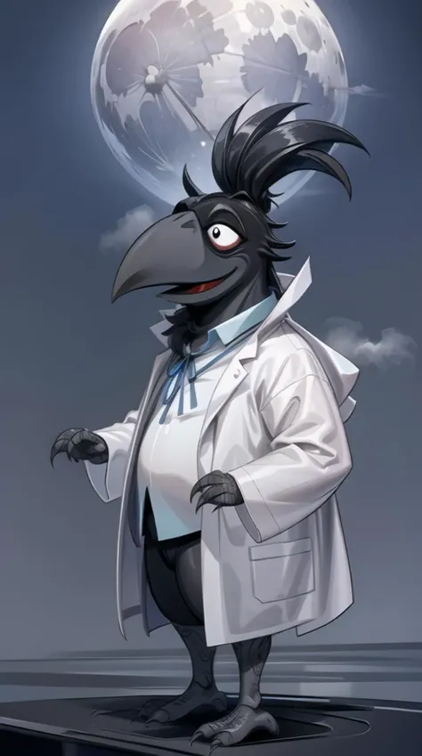 a cartoon crow in a white coat and tie standing on a ledge