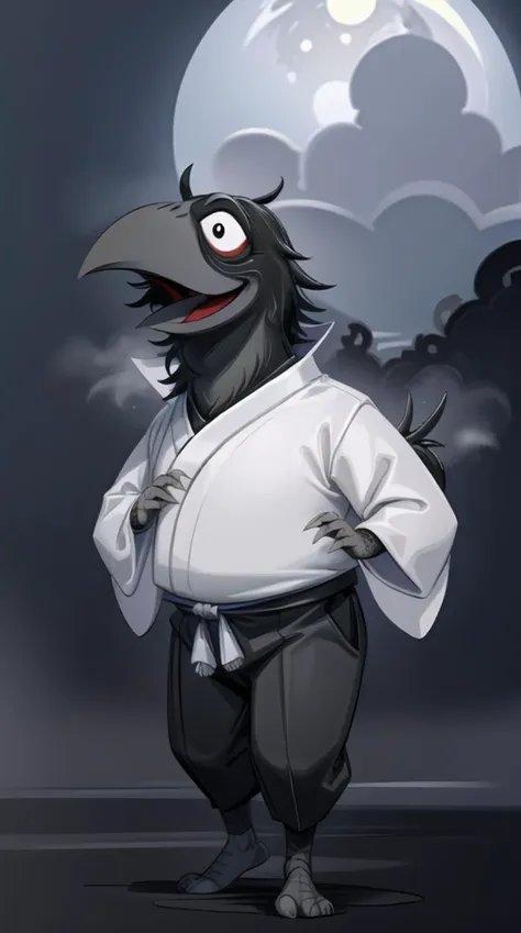 a cartoon bird in a karate outfit standing in front of a full moon