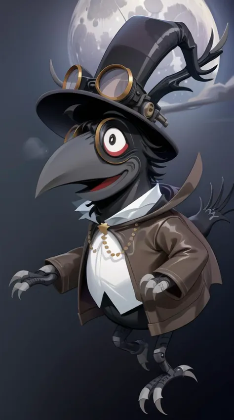 a cartoon crow dressed in a top hat and coat with a full moon behind it