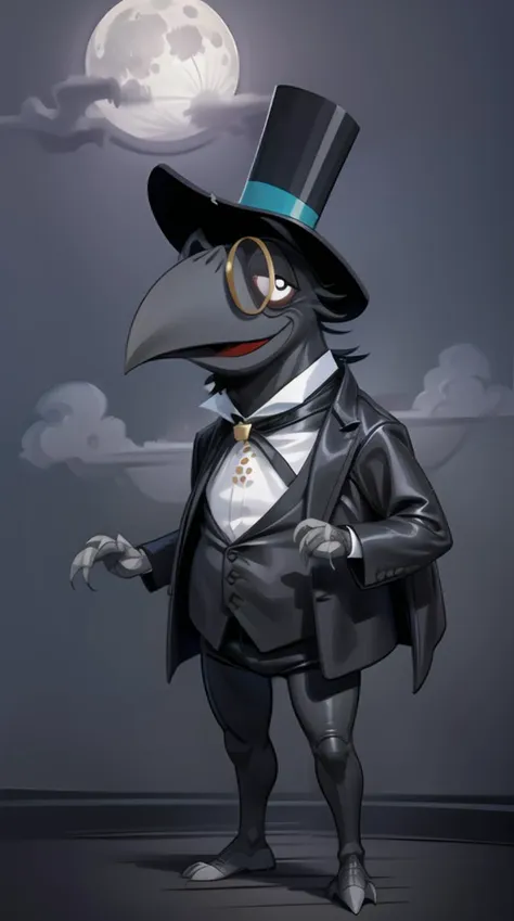 a cartoon raven dressed in a top hat and suit with a cane