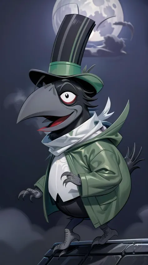 a cartoon bird dressed in a top hat and green coat