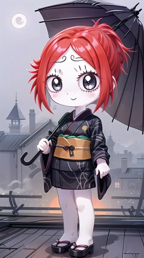 anime girl with red hair and black dress holding an umbrella