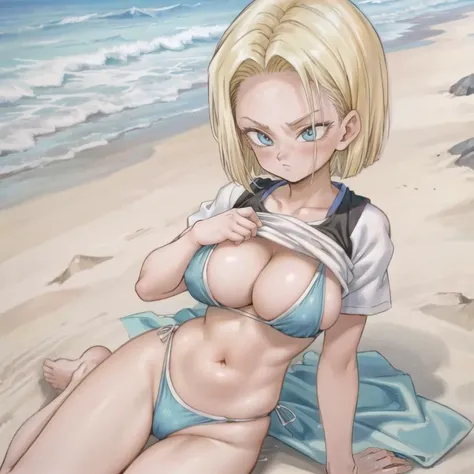 <lora:add_detail:0.7>, (skindentation:1.4), <lora:dragonballandroid18DBZ_10FinalImFineWith:0.6> android18_dbz, 1girl, solo, short_hair, blue_eyes, blonde_hair, navel, deep_cleavage, large_breasts, at beach, in sexy swimsuit, breast_lift, closed mouth, tori...