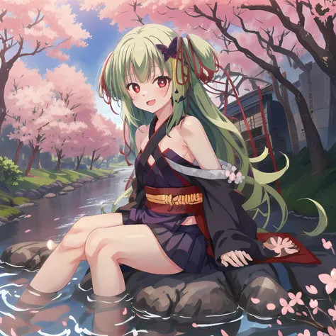 1girl, murasame, two side up,hair ornament, kimono, bare shoulders, skirt,happy,sitting,cherry blossom,outdoor,clear sky,river,red eyes<lora:Murasame-06:1>