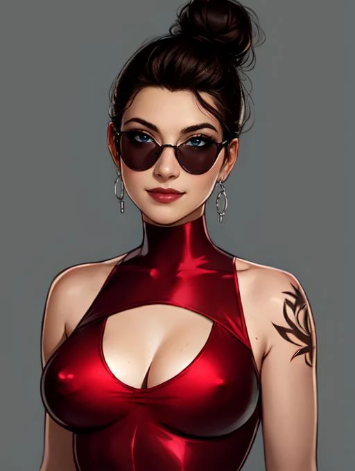 <lora:Sett_Roulette:0.4>,roulette,1girl,solo,brown hair,hair bun BREAK [SEP],
red dress,tattoo,sunglasses BREAK [SEP],
(deep plunging neckline, bare shoulders, revealed cleavage,exposed medium breasts,navel,colarbone,covered nipples:1.2) BREAK [SEP],
(ambi...