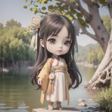 (masterpiece),(best quality),(ultra-detailed), 
(full body:1.2), (studio background),(clean background), 1girl, chibi, (beautiful detailed face), (beautiful detailed eyes),hanfu, standing in riverside,tree