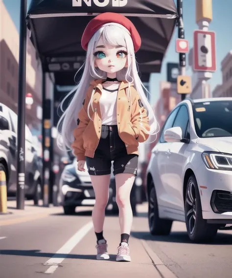 (masterpiece),(best quality),
full body,1girl,solo,standing , 
street, outdoors, playing guitar, music, beret, holding guitar,  jacket, blush, (heterochromia),(white hair),
 shirt, long hair, headwear, blurry, blush stickers, long sleeves, bangs, headphone...