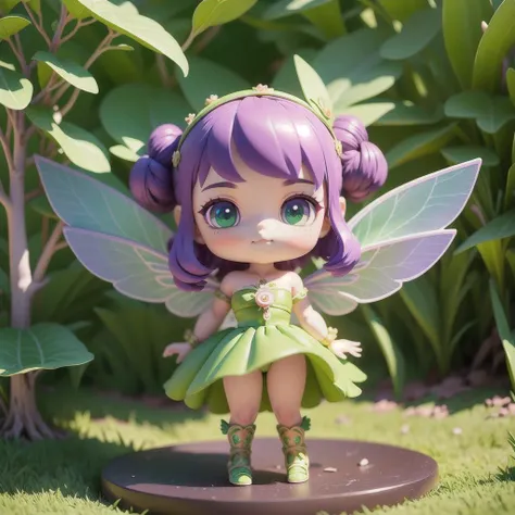 (masterpiece),(best quality),(ultra-detailed), (full body:1.2),1girl, chibi, purple hair, brown eyes, (green strapless dress with fairy wings wings), (stand on a plastic base), light smile, (beautiful detailed face), (beautiful detailed eyes:1.1), <lora:bl...