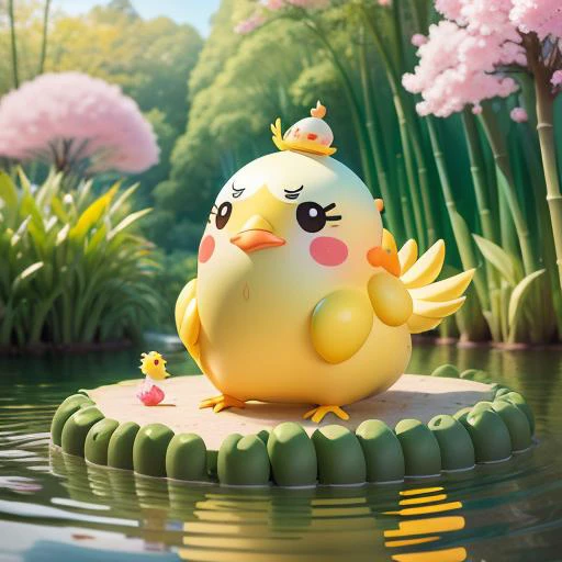 (masterpiece),(best quality),(ultra-detailed), (full body:1.2), Yellow chicken,Rounded body,  Floating on the water, bamboo forest, cute, mascot, flowers, outdoors, blush, Colorful Balloons, tree, :3, cherry blossoms, green headwear, blurry, blush stickers...