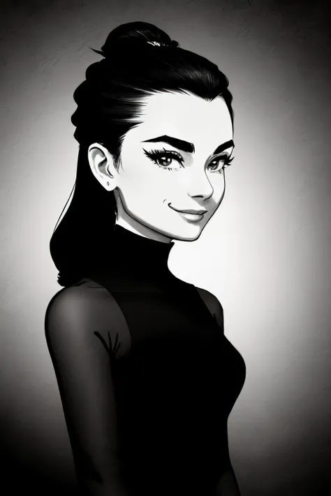 (shadow art style, silhouette, monochrome, contrast, detailed:1.2) headshot <lora:AudreyHepburn_v1-000030:.9> AudreyHepburn, focus on smiling face, wearing an elegant evening gown , her hair is styled as loose waves hair,