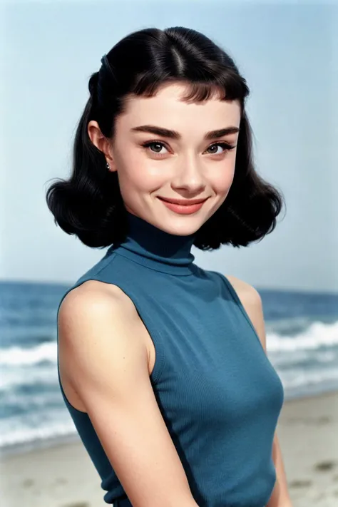 headshot <lora:AudreyHepburn_v1-000014:.9> AudreyHepburn, focus on smiling face, wearing a turtleneck , her bice blue color hair is styled as beachy waves lob hair,