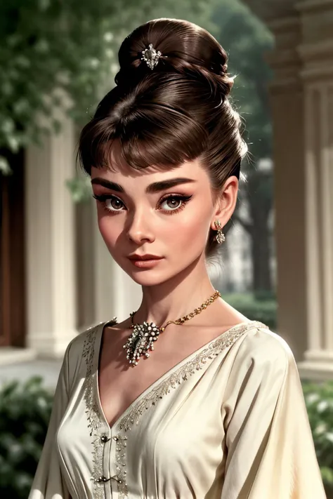 (romantic style, dramatic, emotional, nature, highly detailed:1.2) <lora:AudreyHepburn_v1-000030:.9> AudreyHepburn, focus on eyes, close up on face, wearing jewelry, hair styled Straight Low Bun