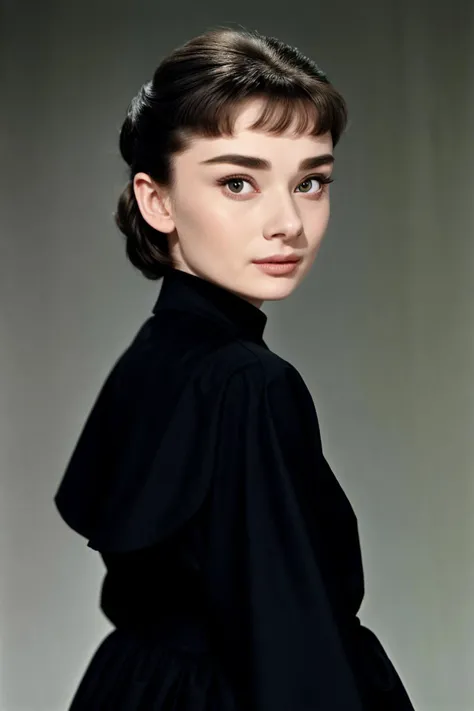 portrait <lora:AudreyHepburn_v1-000014:.9> AudreyHepburn, focus on face, from behind wearing a cassock , her dove color hair is styled as swept-back lob hair,