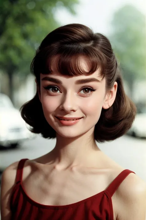 <lora:AudreyHepburn_v1-000014:.9> AudreyHepburn, focus on eyes, close up on face, huge smile, Clay color hair styled Straight Side Part