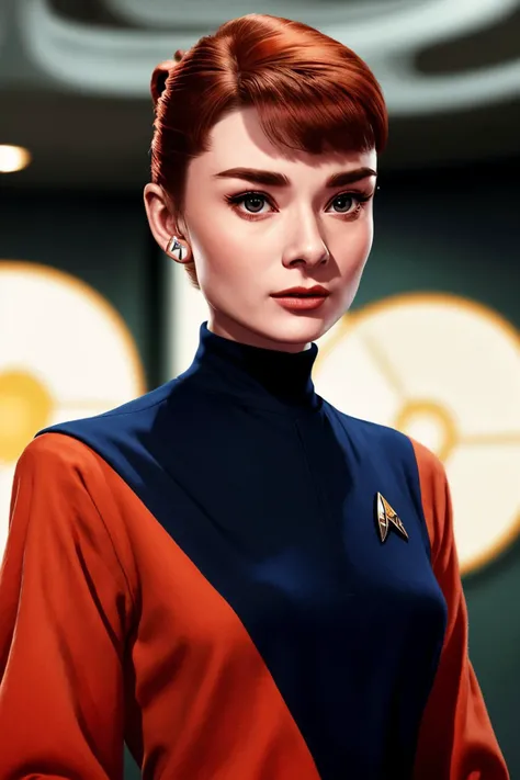 (photorealistic rendering of, detailed, realistic, high definition:1.2) upper body <lora:AudreyHepburn_v1-000030:.9> AudreyHepburn, focus on face, wearing a star trek uniform , her creamy-orange color hair is styled as pixie hair,