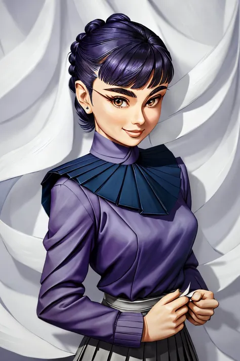 (origami style, paper art, pleated paper, folded, origami art, pleats, cut and fold, centered composition:1.2) headshot <lora:AudreyHepburn_v1-000030:.9> AudreyHepburn, focus on smiling face, wearing a thin sweater , her periwinkle color hair is styled as ...