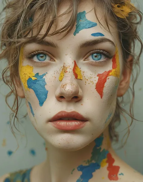 a close up of a woman with paint on her face