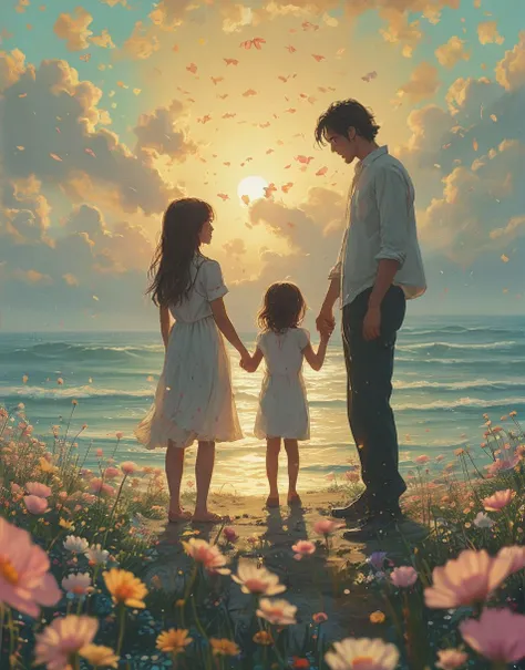 painting of a family holding hands on a beach with flowers