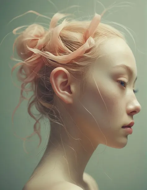 a close up of a woman with pink hair and a pink flower in her hair