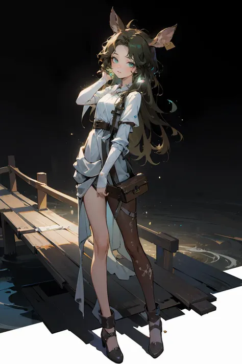 anime girl standing on a pier with a cat ears on her head