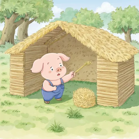 huiben_style,<lora:huiben-000040:0.7>,a little pig is building a straw room with straw,grass,