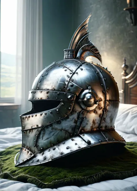 a ais-wldd knights helmet resting on a bed of velvety moss <lora:ais-wldd-sdxl:1>