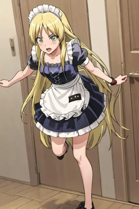 best quality, masterpiece, highres, solo, {maid:1.40}, {long maid dress:1.15}, {kuroi_sena_mangakasantoassistantsanto:1.15}, blonde_hair, long_hair, green_eyes, blush, open_mouth