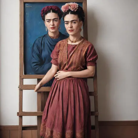 a close up of a woman standing next to a painting of fridah