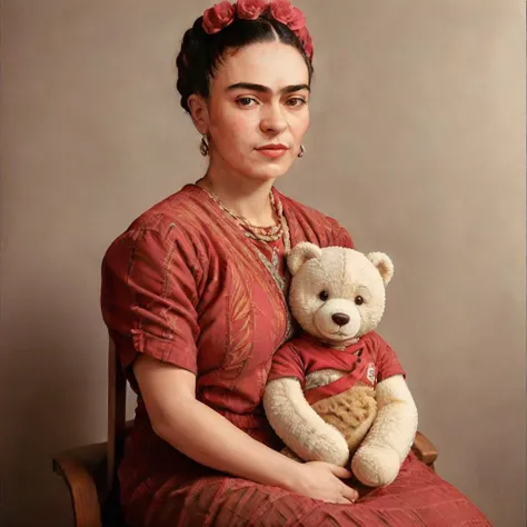 <lora:Frida_Kahlo_by_DevDope-000009:0.4> Frida Kahlo, sitting, holding a teddy bear