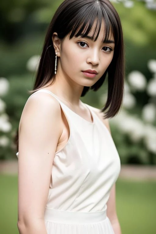 a close up of a woman in a white dress posing for a picture