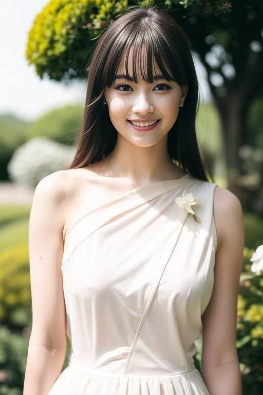 a woman in a white dress standing in front of a tree