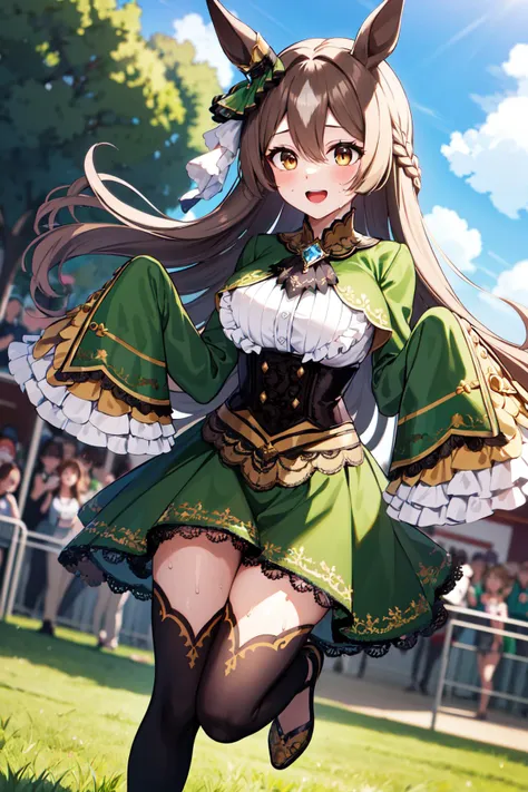 a woman in a green dress and a cat ears is running